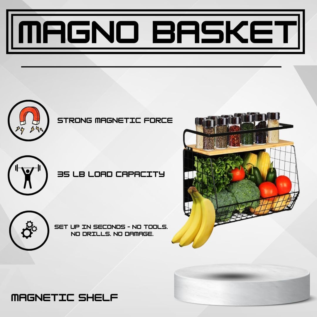 Magnetic Shelf For Fridge with Wood Lid - Fridge Magnet Organizer with 4 Hooks, Magnetic Basket for Fridge, Magnetic Storage for Refrigerator, Magnetic Spice Rack for Refrigerator
