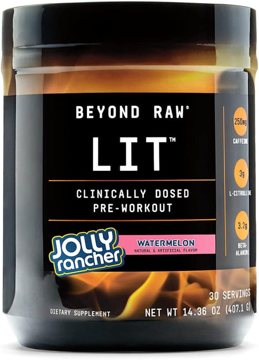 BEYOND RAW LIT | Clinically Dosed Pre-Workout Powder | Contains Caffeine, L-Citrulline, Beta-Alanine, and Nitric Oxide | Jolly Rancher Watermelon | 30 Servings