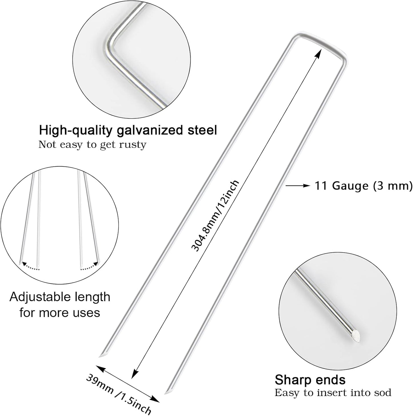 FEED GARDEN 12 Inch 100 Pack Galvanized Landscape Staples 11 Gauge Anti-Rust Garden Stakes Landscaping Fabric SOD Pins Yard Stakes for Weed Barrier Fabric