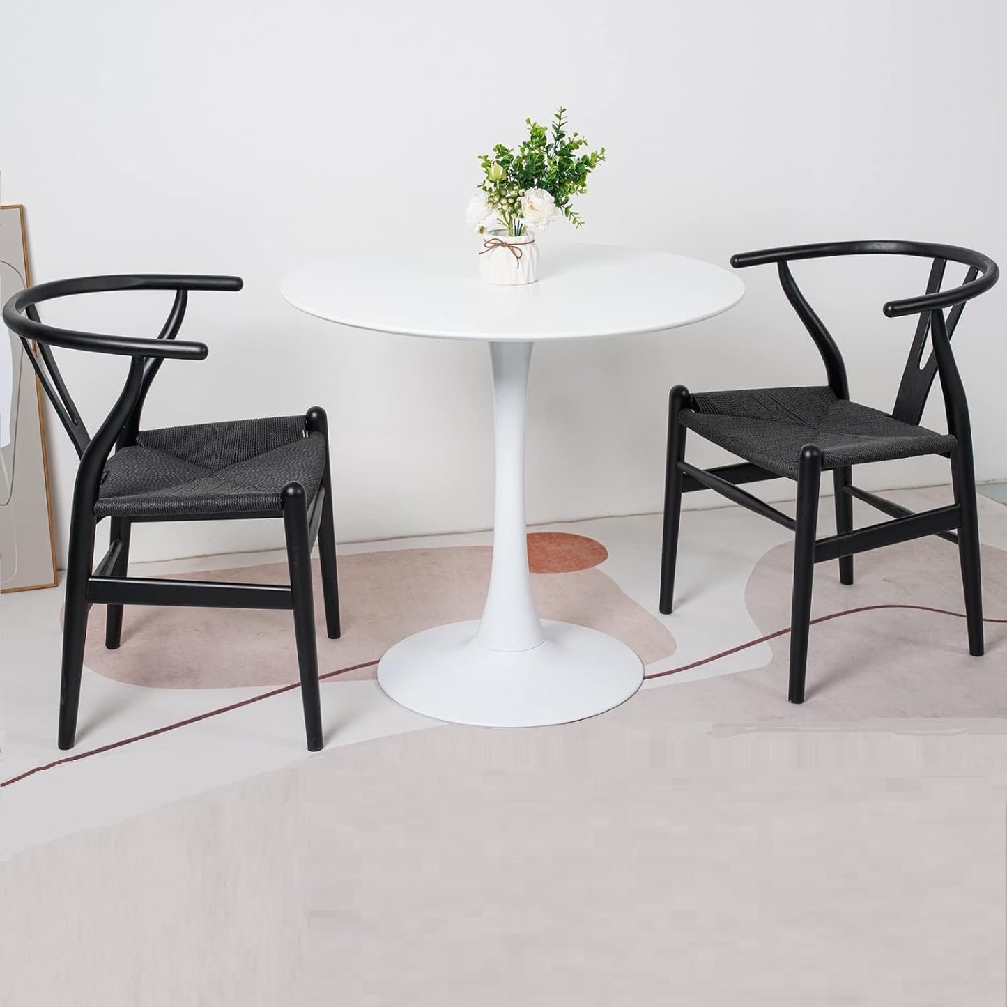 Tomile Set of 2 Bone Chair Solid Wood Y Chair Mid-Century Armrest Dining Chair, Hemp Seat (Wood - Black)