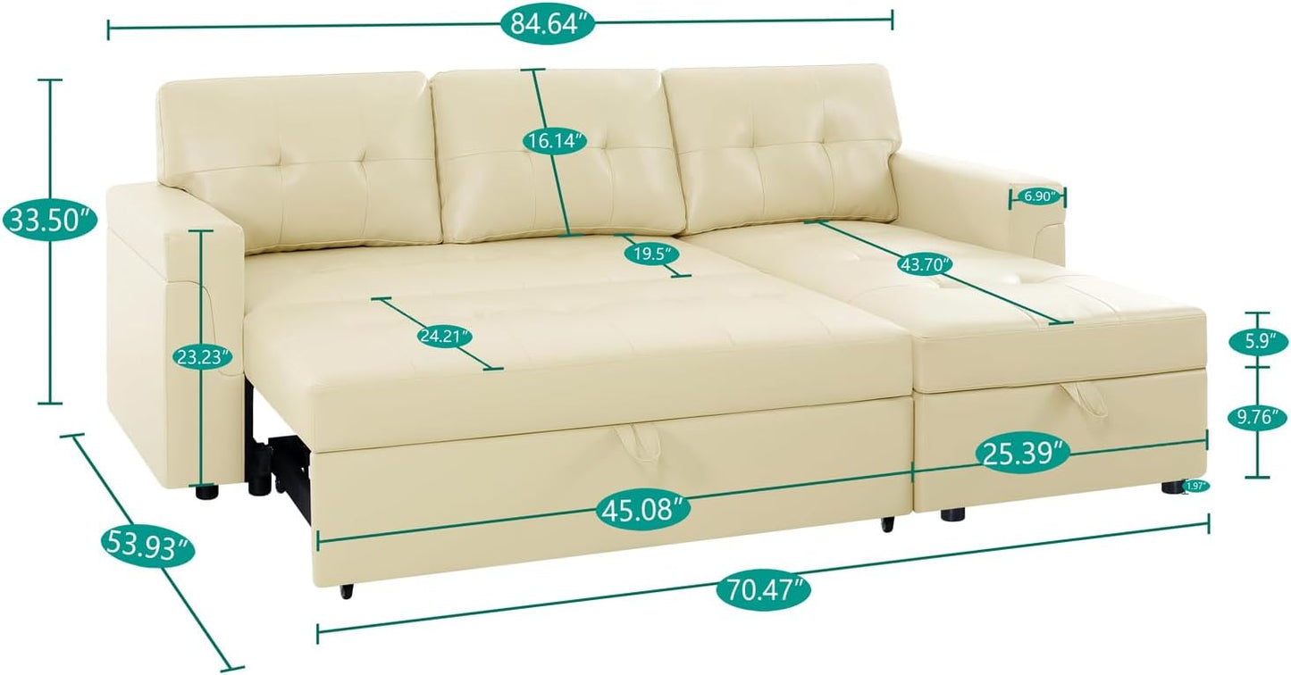 Naomi Home Transform Any Space: Sleeper Sectional Sofa with Convertible Sofa Bed & Inviting Chaise. Find Tranquil Comfort with Stress-Relieving Design & Durable Cushions - Cream/Velvet