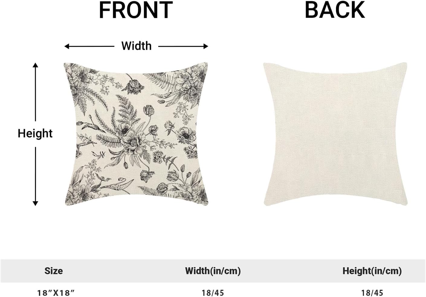 CXMEIFLY Spring Floral Leaves Pillow Covers 18 x 18 Inch Set of 2 for Chinoiserie Flowers Decor Throw Pillows Black and White Seasonal Plant Outdoor Decorative Cushion Cases for Couch Bed Decorations