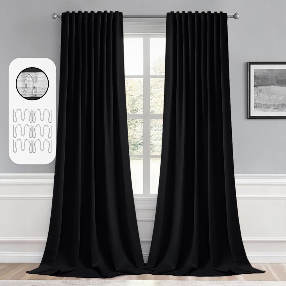 MIULEE Back Tab Blackout Curtains 105 Inch Long 2 Panels Set for Living Room Bedroom, Halloween Black Rod Pocket/Pinch Pleated Thermal Insulated Room Darkening Light Blocking Floor to Ceiling Drapes