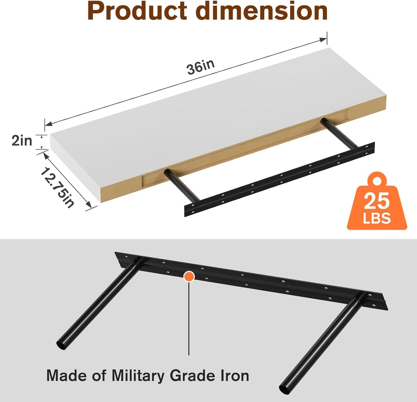 Large Floating Shelves for Wall Set of 1 Wooden Wall Shelves 36 in x 12.75 in x 2 in Room Decor Long Shelf with Invisible Wall Mount Bracket for Bedroom Kitchen Living Room White