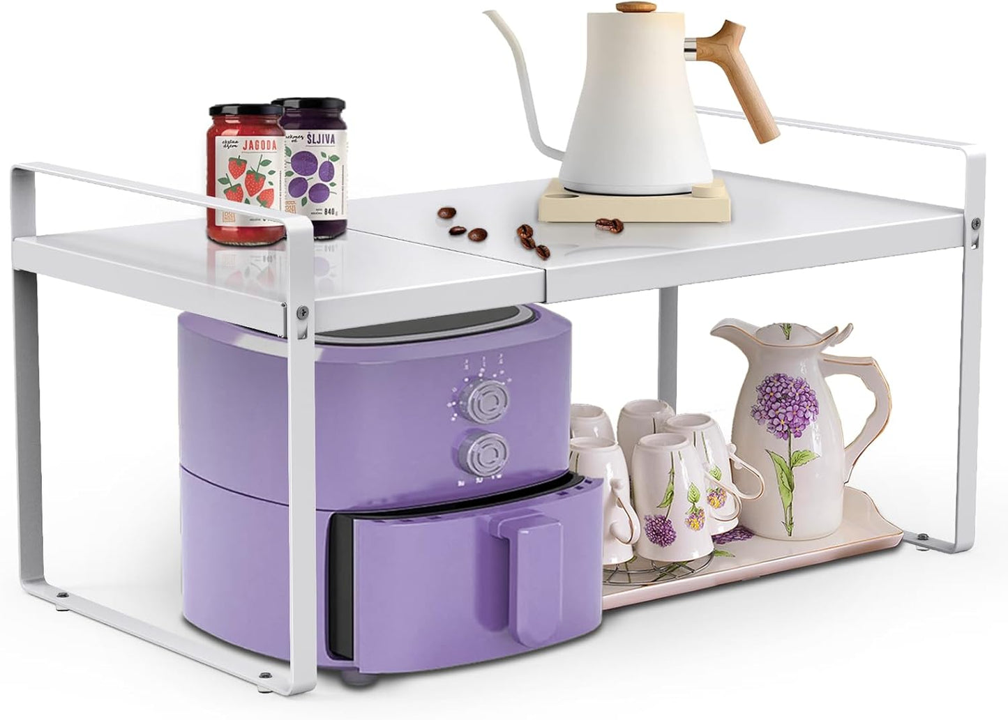 9'' Wide Expandable Cabinet Shelf Organizer Rack Adjustable Length 14''-26'' Pantry Shelf Spice Rack Heavy Duty Nonslip Kitchen Counter Storage Shelves Pantry Cupboard Under Sink Countertop White