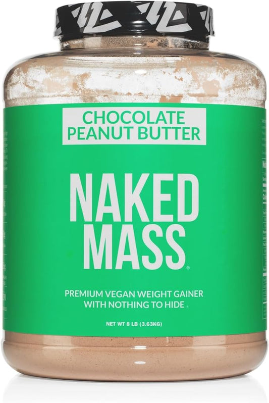 Naked Chocolate Peanut Butter Vegan Mass - 1,290 Calories, Nothing Artificial, All Natural Chocolate PB Weight Gainer Protein Powder - 8LB Bulk, GMO Free, Gluten Free & Soy Free - 11 Servings