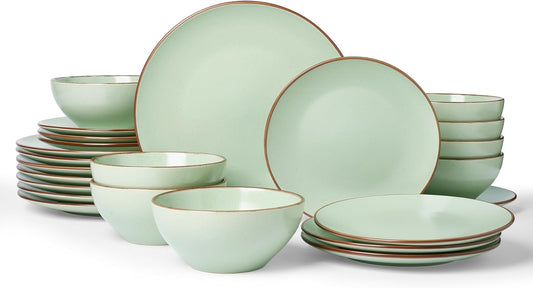 Famiware Venus Ceramic Plates and Bowls Sets, Speckled Dinnerware Dish Sets for 8 (24 Pieces) - Microwave and Dishwasher Safe, Matte Light Green