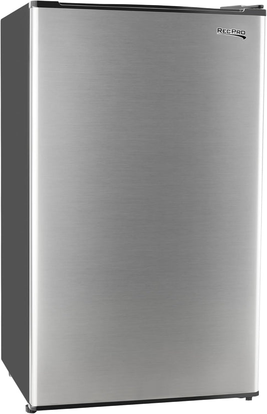 RecPro 3.3 Cu Ft 12V RV Refrigerator | Stainless Steel Frost-Free Fridge with Can Holder | Compact Camper Fridge with Door Storage, 7 Temp Settings | 19”W x 19”D x 32.75”H