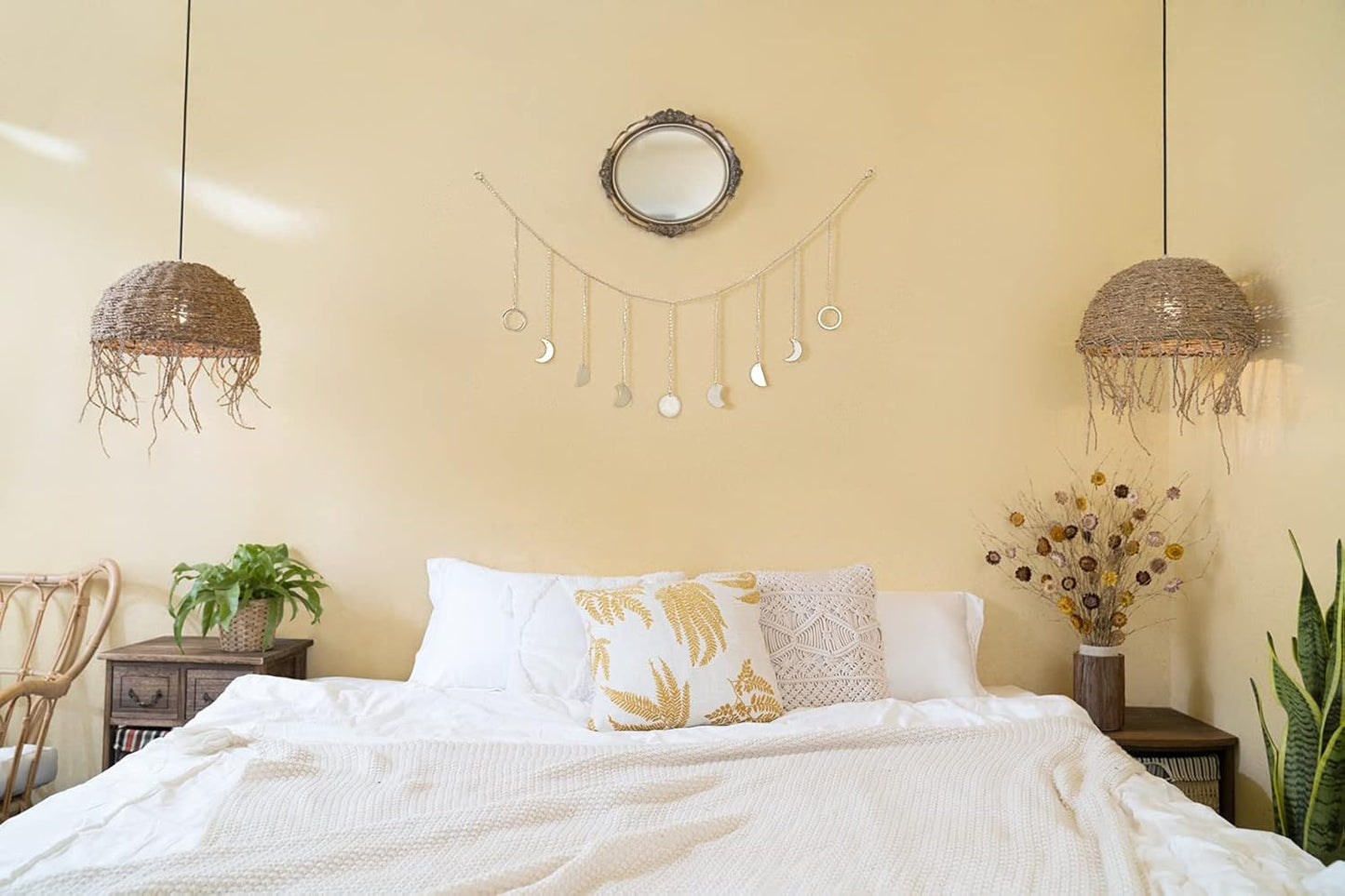 Mkono Moon Phase Wall Hanging Boho Aesthetic Room Decor Metal Moons Garland Hanging Art Bohemian Home Decoration for Girls Room Nursery Bedroom Livingroom Dorm, Ideal, Silver, 50"