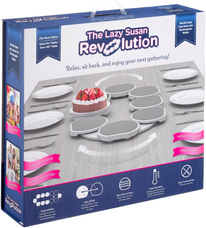 Full Set - Light Gray - The First Patented Lazy Susan Turntable Expandable for Rectangular & Oblong Tables - Kitchen & Dining Tables - Great Gift! Parties & Gatherings.