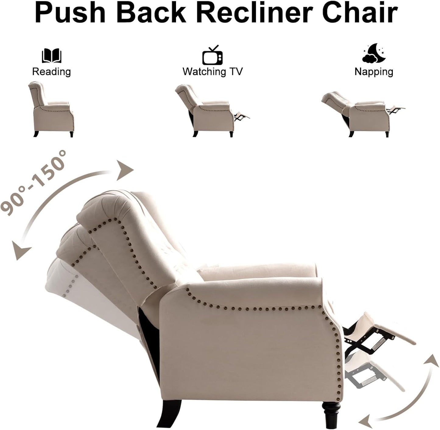 EBELLO Pushback Recliner Chair, Fabric Armchair Push Back Recliner with Rivet Decoration, Mid Century Wingback Accent Chair for Living Room, Bedroom, Beige