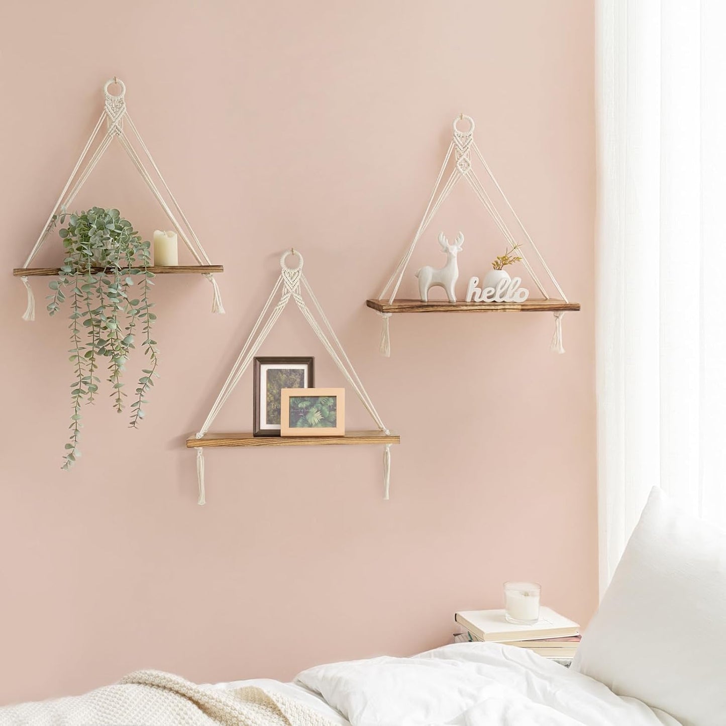 Mkono Macrame Hanging Shelves Boho Wall Decor Set of 3 Rustic Wood Floating Storage Shelf for Bedroom Bathroom Living Room Nursery Dorm Room, Display Shelving for Hanging Plants Photos
