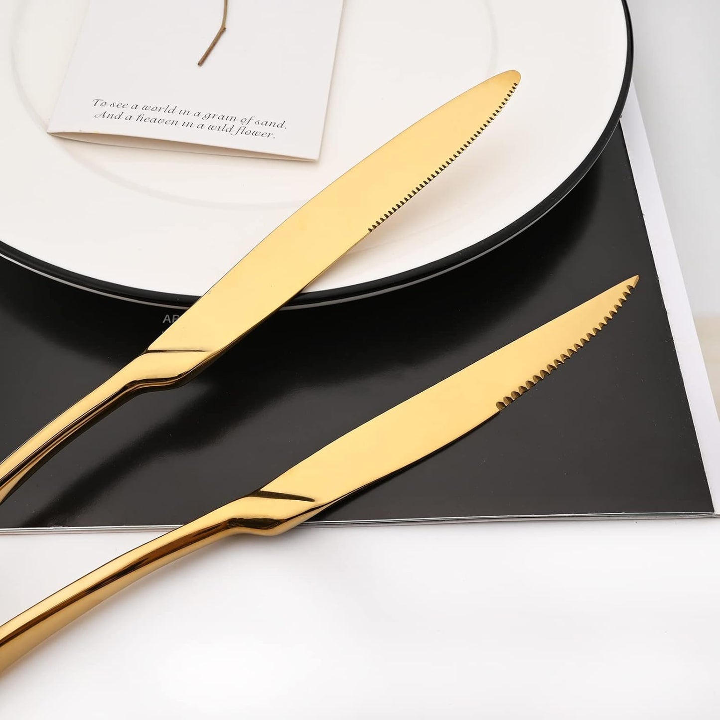 24-Piece Gold Flatware, Mirror 18/10 Stainless Steel Modern & Luxury Dinnerware Set With Serrated Steak Knife Teaspoon For Daily Use or Dinner Party Restaurant - Service For 4
