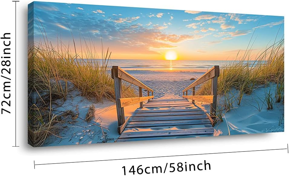 LASMOND Beautiful White Sandy Beach Pier by Seaside at Sunset Landscape Wall Art Decor Artwork for Bedroom Living Room (58x28Inches)