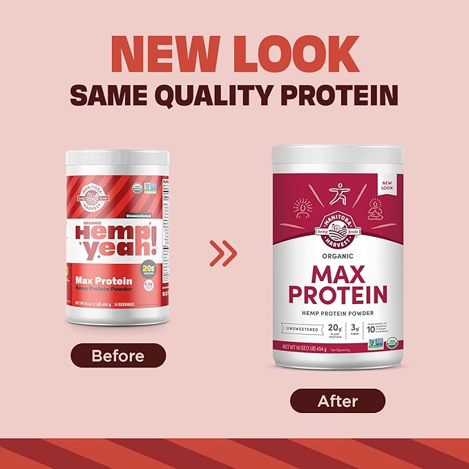 Manitoba Harvest Hemp Yeah! Organic Max Protein Powder, Unsweetened, 16oz; with 20g Protein and 4.5g Omegas 3&6 per Serving, Keto-Friendly, Preservative Free, Non-GMO, Packaging May Vary