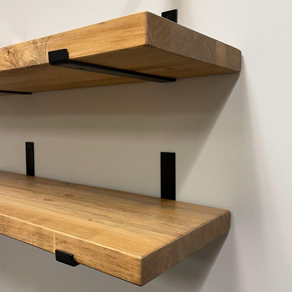 Rustic Shelves with J-Brackets Set of 2, Industrial Shelf, Kitchen Shelves, Solid Wood, Decorative Wall Storage, Heavy Duty, URBANDI (Brown, 24Wx8D)