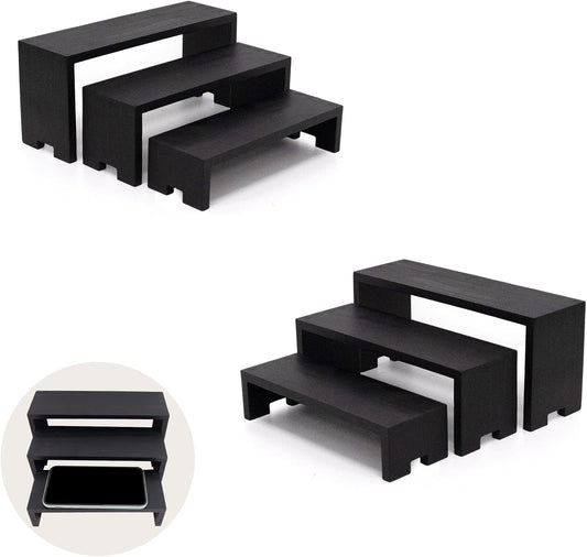 Display Wood Risers Wooden Stand 3 Tier Black Wood Racks Decorative Rectangular, 2 Set 6 Piece Cupcake Stands Cologne Perfume Organizer Dessert Showcase(Black)