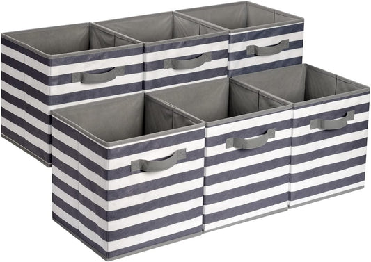 Amazon Basics Cube Organizer Storage Bins Handles, Collapsible Fabric, Pack of 6, 10.5"x10.5"x11", White/ Light Grey Stripe