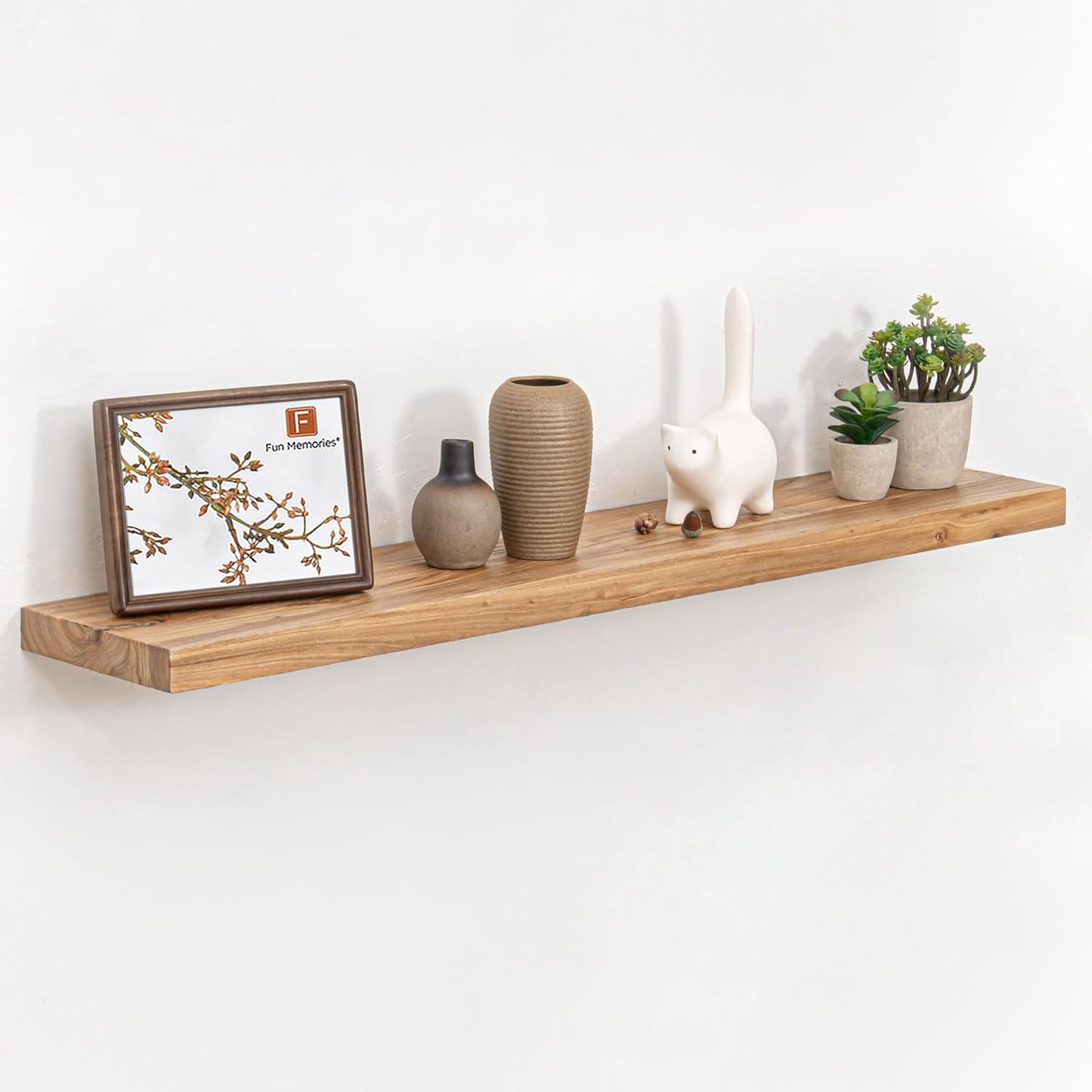 Floating Shelves for Wall, 42" Flat Edge Solid Elm Wood Floating Shelf, Wall-Mounted Display Shelves with Invisible Heavy-Duty Metal Bracket, Floating Shelf for Living Room Kitchen, Natural