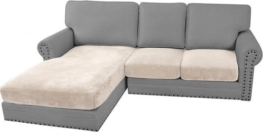 H.VERSAILTEX Velvet Stretch Sectional Couch Covers 3 Pieces Sofa Seat Cushion Covers L Shape Separate Cushion Couch Cover for Both Left/Right Sectional Couch (Large Sofa 2 Seater + 1 Chaise, Ivory)