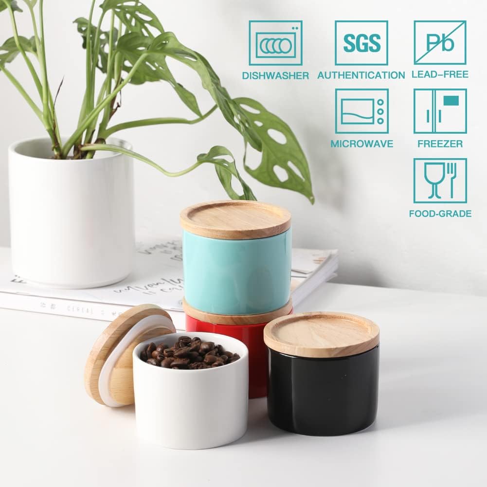 Sweejar Kitchen Canisters Ceramic Food Storage Jar, Stackable Containers with Airtight Seal Wooden Lid for Serving Ground Coffee, Tea, Sugar, Spice and More - 5 Fl Oz(Black)