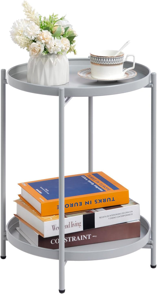 HollyHOME 2-Tier Round Side Table, Outdoor Small Folding Accent Stand with Removable Tray, Anti-Rust Metal Asional Table for Balcony Patio Living Room, Nightstand for Bedroom(Grey)