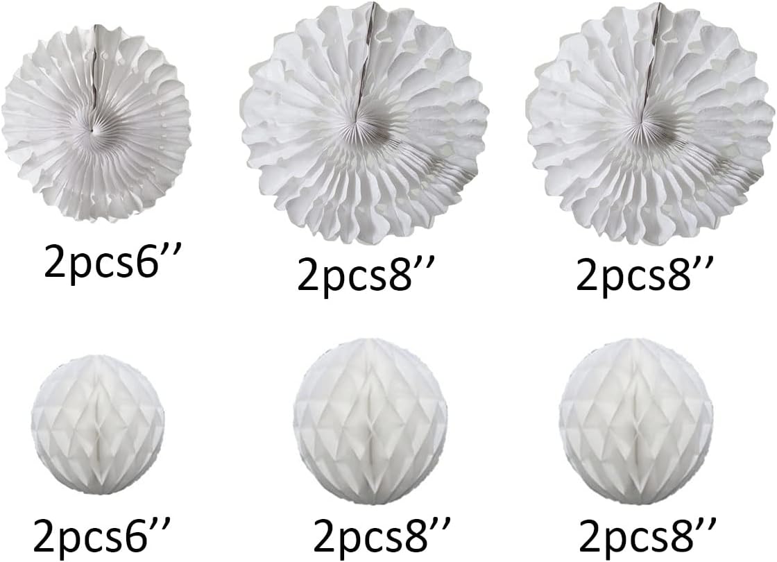 12pcs White Honeycomb Balls Tissue Paper Fans Party Honeycomb Ball Fans wall Decorations Tissue Pom Poms Flower Balls Hanging Paper Fans For Party Baby Shower Birthday Wedding Nursery Decor(white kit)
