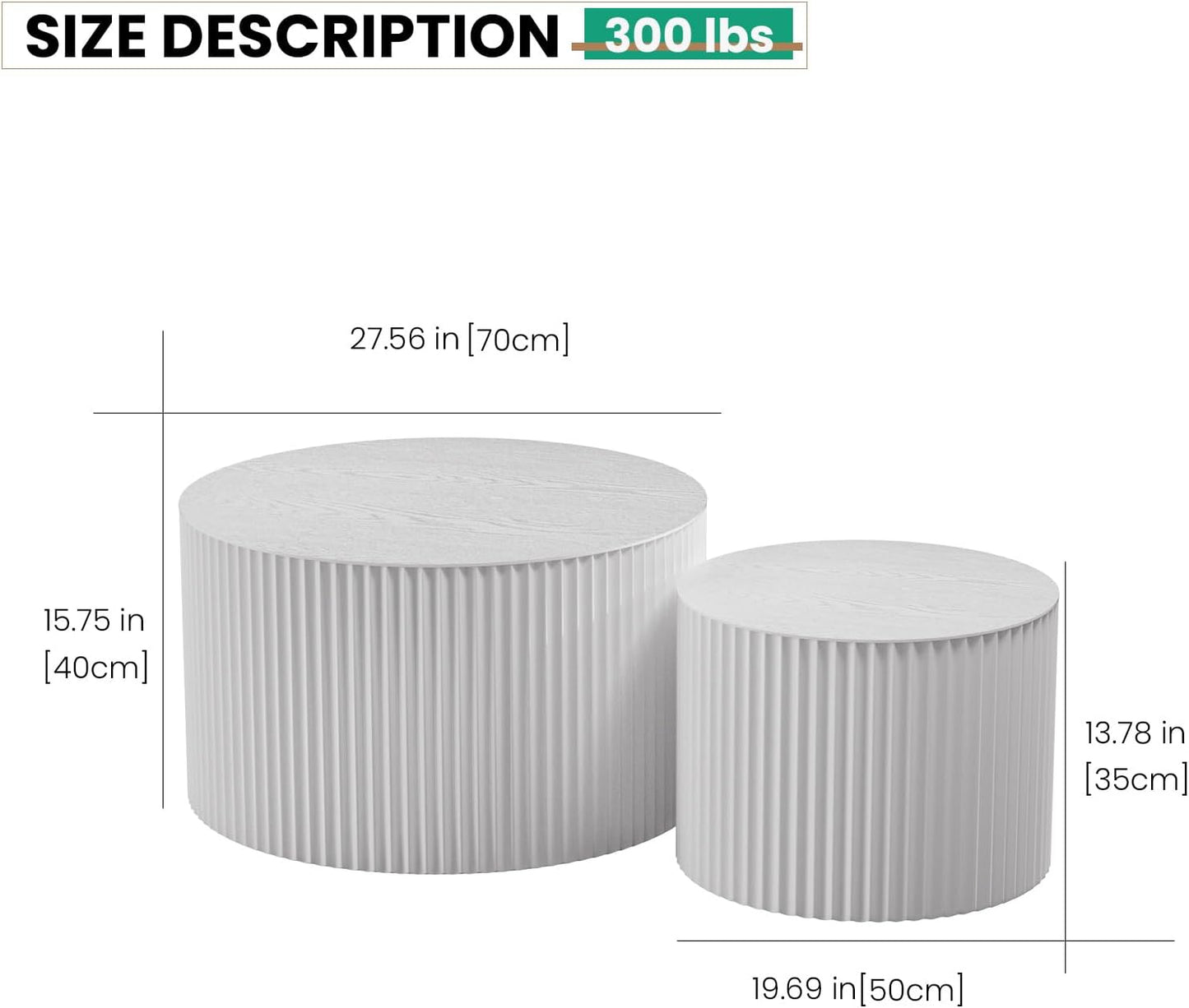 Round Nesting Coffee Table Set of 2 Handcraft Circle Fluted Nesting Coffee Tables Circular Side Table Drum Accent End Tables for Living Room Bedroom (White A Large)
