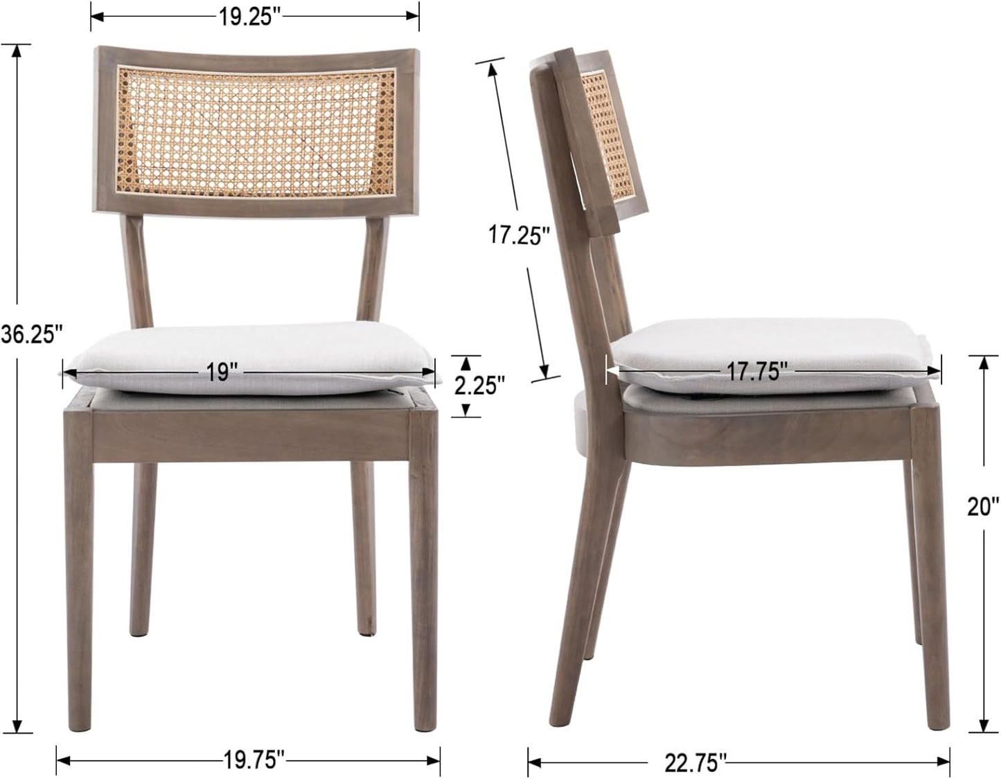 Rattan Dining Chairs Set Of 2 , Mid Century Modern Upholstered Cane Back Chairs with Removable Linen Cushion , Retro Farmhouse Natural Wooden Kitchen & Dining Room Chairs for Restaurant Living Room