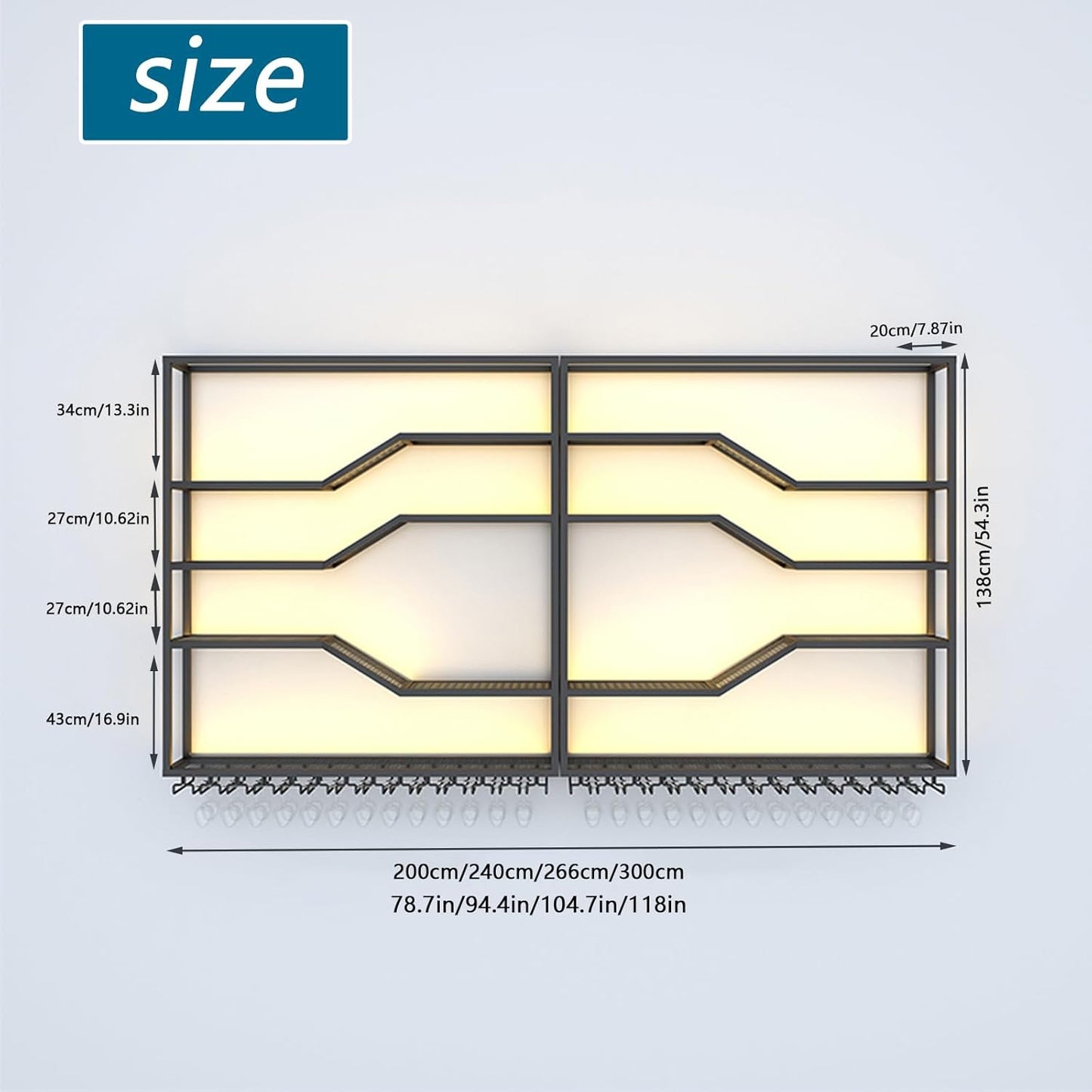 105in Large Wall Mounted Wine Rack with LED Light, 5-Tiers Liquor Bottles Display Shelf with Glasses Holder, Metal Home Bar Shelves with Iron Frame for Kitchen Dining Room (Black, 105in/8.72ft)