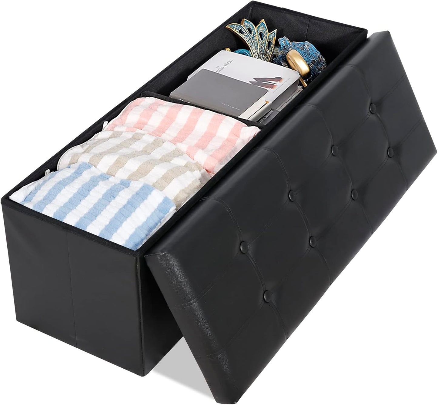 SUPER DEAL 43 Inch Folding Storage Ottoman Bench, Faux Leather Storage Chest Shoes Bench with Divider Padded Seat Couch Footrest for Bedroom Entryway, 660 lbs Capacity 43"x 15"x 15", Black