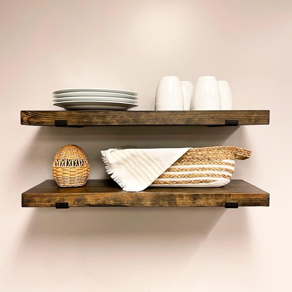 Rustic Shelves with J-Brackets Set of 2, Industrial Shelf, Kitchen Shelves, Solid Wood, Decorative Wall Storage, Heavy Duty, URBANDI (Dark Brown, 24Wx12D)