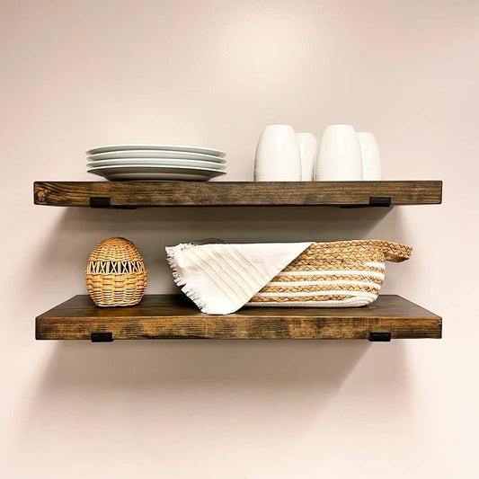 Rustic Shelves with J-Brackets Set of 2, Industrial Shelf, Kitchen Shelves, Solid Wood, Decorative Wall Storage, Heavy Duty, URBANDI (Dark Brown, 12Wx6D)