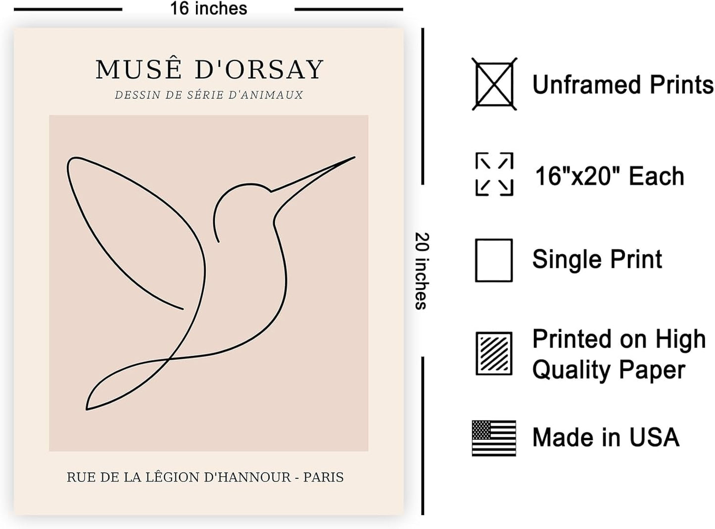 Poster Master Vintage Poster - Retro One Line Hummingbird Drawing Print - Bird Line Art - Minimal Gift for Him, Her, Animal Lover - Abstract Decor for Home, Office - 16x20 UNFRAMED Wall Art