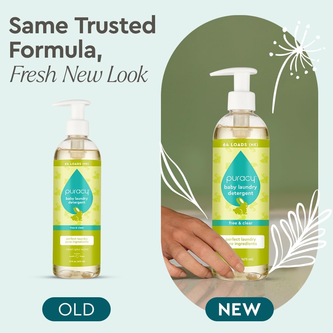 Puracy Liquid Baby Laundry Detergent - 1,4 Dioxane Free, Natural, Scent-Free Gentle Laundry Detergent Liquid Concentrate Laundry Pouch with Stain Fighting Enzymes (Baby- Free & Clear, 16oz)