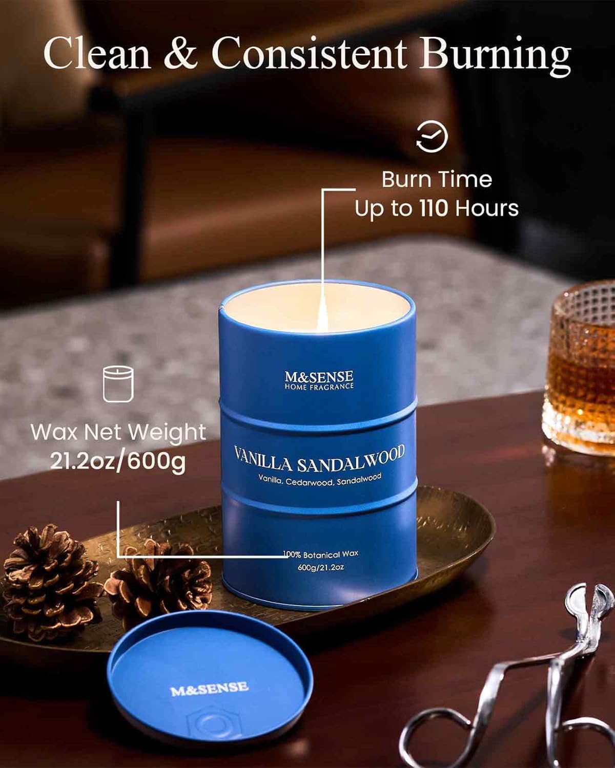 M&SENSE Vanilla Sandalwood Scented Candles Large, Natural Soy Candles 21.2oz 120 Hour Slow Burning,Aromatherapy Candle for Stress Relief Meditation Relaxing