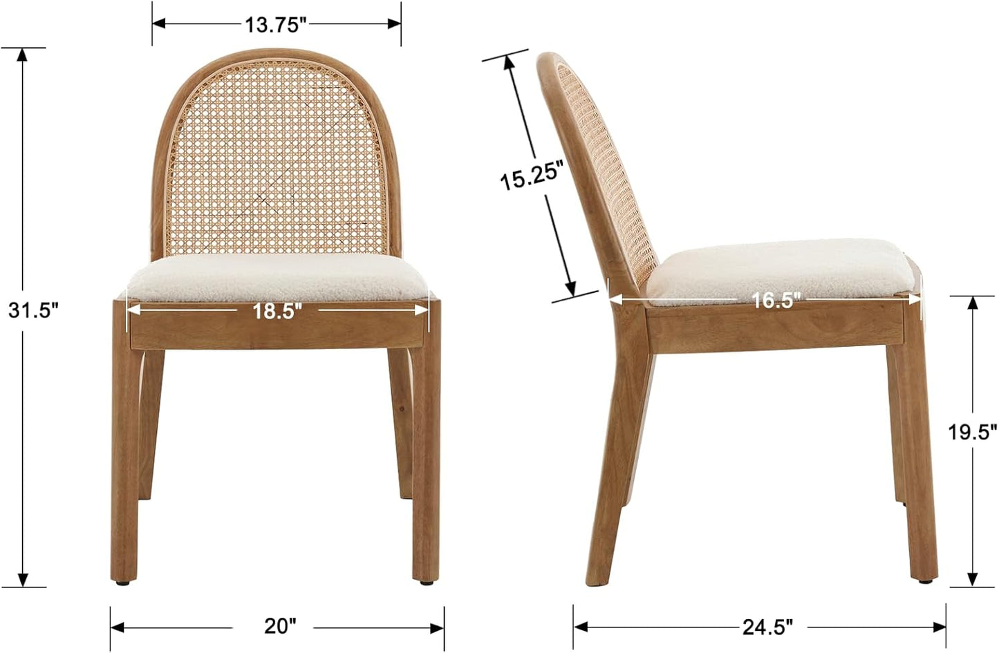 Mid Century Dining Chairs Set of 2, Accent Rattan Side Chairs Sherpa Fabric Kitchen Chair with Solid Wooden Legs for Living Room Dining Room, White