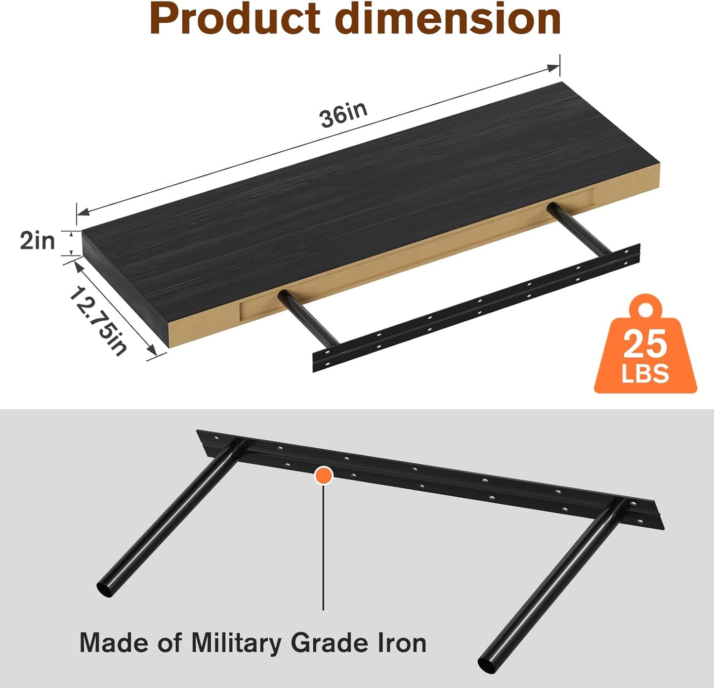 Large Floating Shelves for Wall Set of 1 Wooden Wall Shelves 36 in x 12.75 in x 2 in Room Decor Long Shelf with Invisible Wall Mount Bracket for Bedroom Kitchen Living Room Black Wood