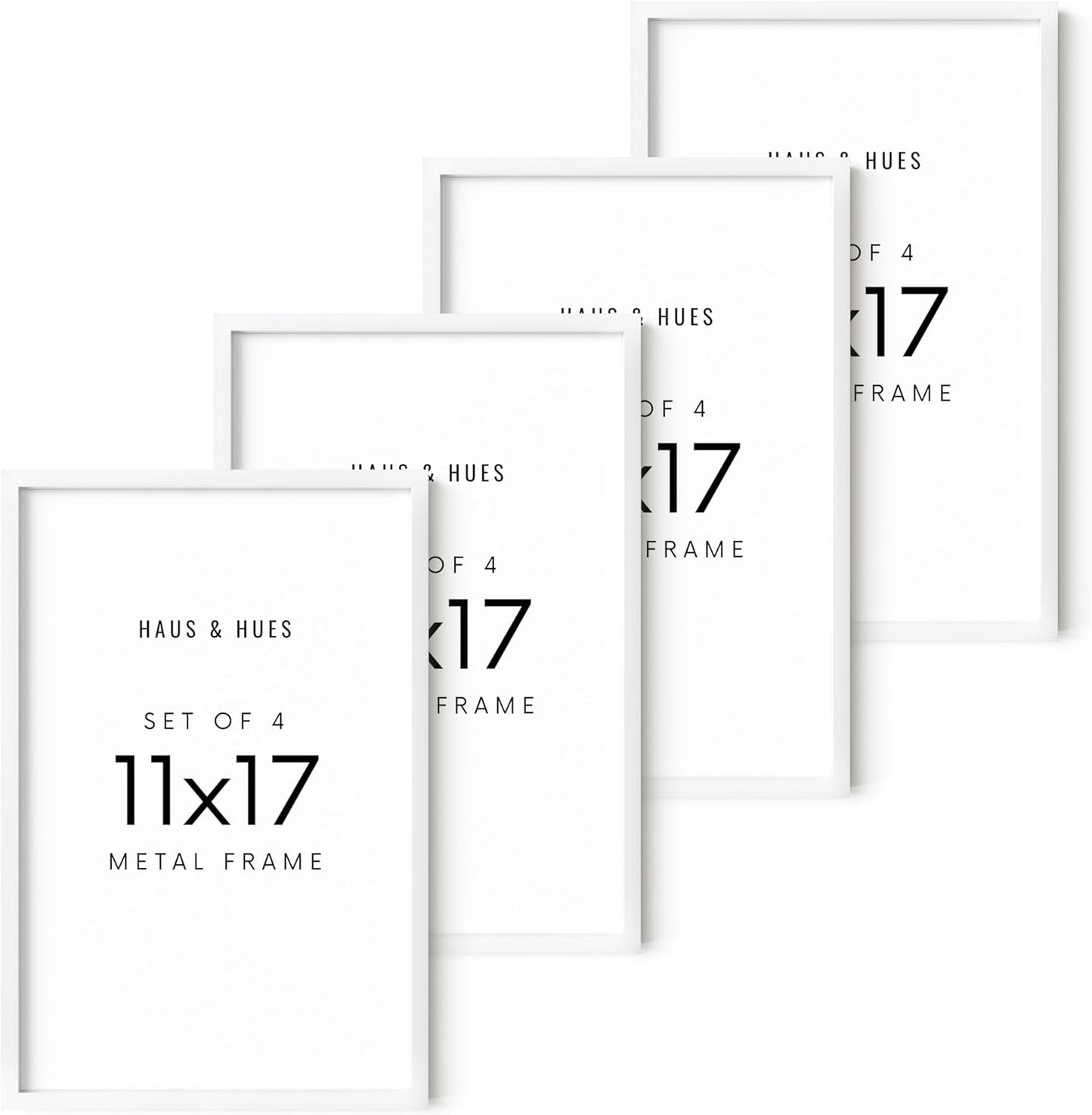 HAUS AND HUES 11x17 White Metal Picture Frames - Features Premium Aluminum, Vertical & Horizontal Hang, Shatterproof Plexiglass - Perfect for Home, Room, Office (11x17 in, White, Set of 4)