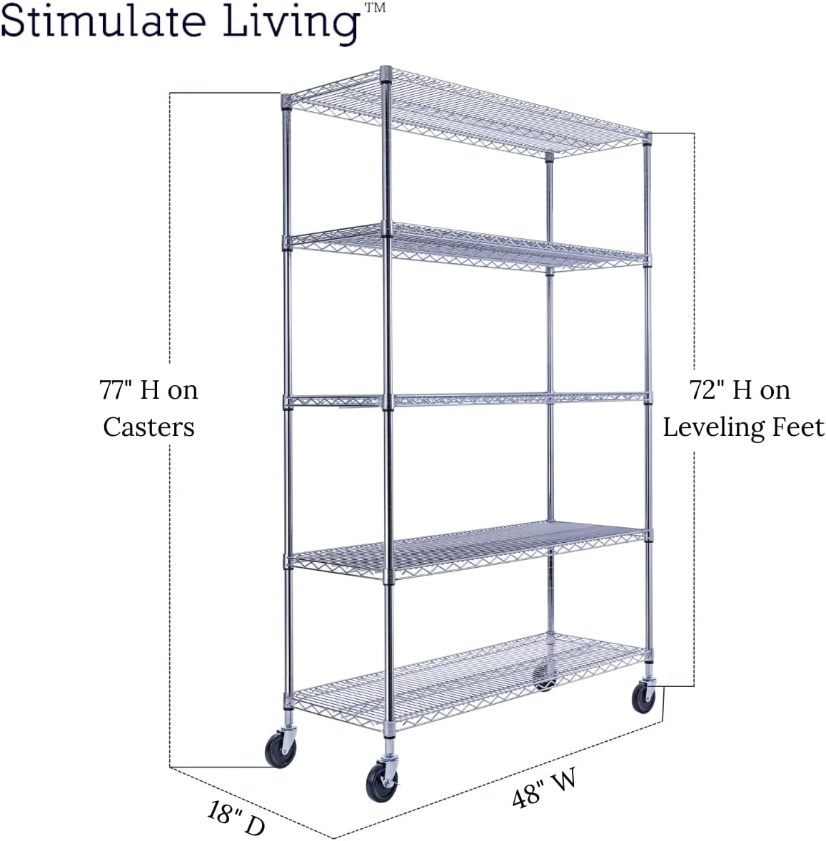48"x18"x72" PRIME HEAVY DUTY Chrome 5-Tier Wire Shelving NSF 4000 LBS MAX Capacity Storage Rack for Commercial, School, Home, Garage, Warehouse, Industrial, and Hospital Uses (with Wheels)
