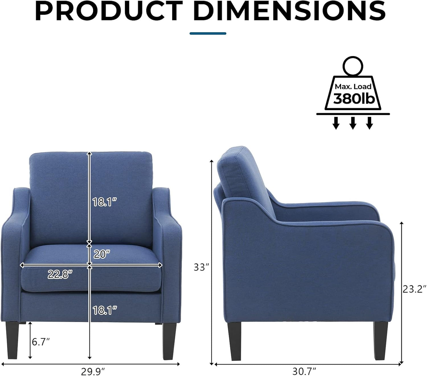 VINGLI Modern Accent Chairs Set of 2, Blue Living Room Chairs Comfy Armchair for Bedroom, Upholstered Sofa Chair Reading Chair for Small Spaces, Apartment, Waiting Room