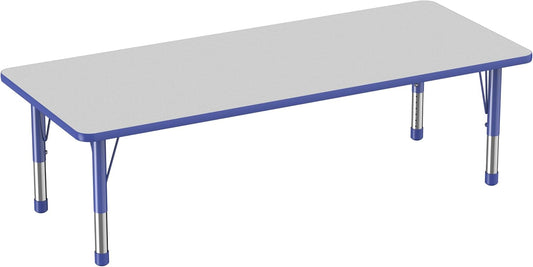 FDP Rectangle Activity School and Classroom Kids Table (30 x 72 inch), Chunky Toddler Leg, Adjustable Height 15-24 inches - Gray Top and Blue Edge