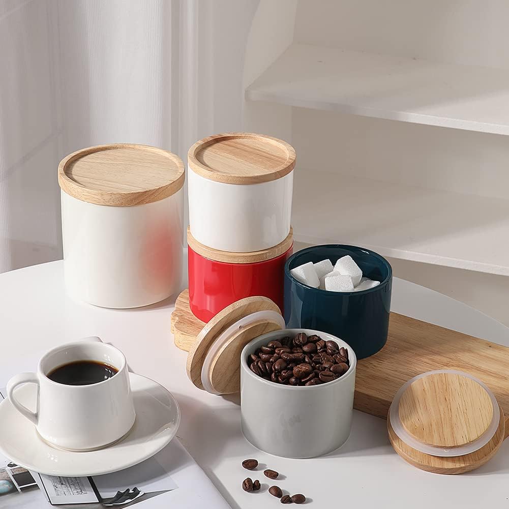Sweejar Kitchen Canisters Ceramic Food Storage Jar, Stackable Containers with Airtight Seal Wooden Lid for Serving Ground Coffee, Tea, Sugar, Spice and More - 5 Fl Oz(Navy)