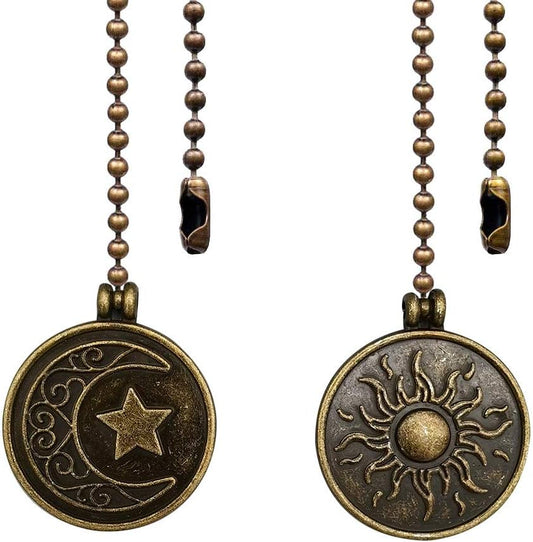 Copper Ceiling Fan Pull Chain Set, Decorative Totem Fan Pull Chain Pendant Extension, 12 Inches Lighting & Fan Beaded Ball Chain Extender Ornament with Connector, Moon and Sun (2Pack)