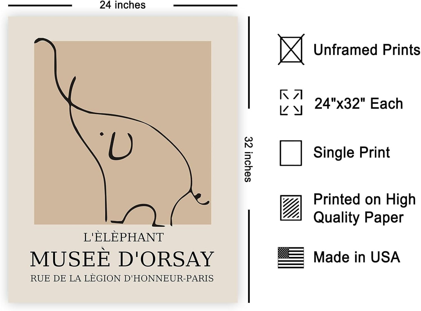 Poster Master Vintage Poster - Retro Minimalist Print - Gift for Artist, Housewarming - Elephant, Line Drawing, Sketch, Abstract - Wall Decor for Living Room, Bedroom, 24x32 Unframed Wall Art