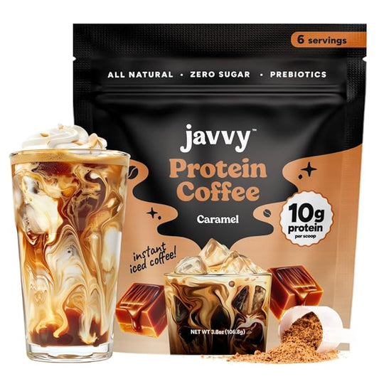 Javy Caramel Protein Coffee - Premium Whey Protein & Instant Iced Coffee - 100% Arabica Coffee - Zero Artificial Flavors & Sweeteners, 6 Servings