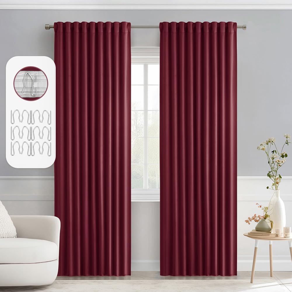 MIULEE Wine Red Back Tab Blackout Curtains 84 Inch Length 2 Panels Set for Living Room Bedroom Privacy, Rod Pocket/Pinch Pleat Thermal Insulated Room Darkening Pleated Light Blocking Drapes