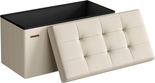 SONGMICS MAZIE Collection - 30 Inches Folding Storage Ottoman Bench, Ottoman Foot Rest, End of Bed Bench, Storage Chest, Load 660 lb, for Living Room, Bedroom, Entryway, Cream White ULSF47BE