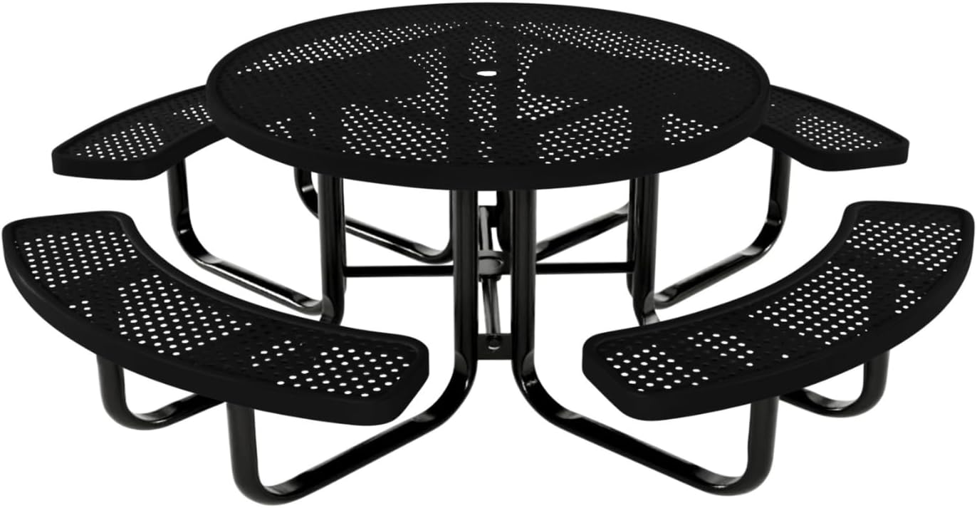 Coated Outdoor Furniture Heavy-Duty Portable Outdoor Kids Table with Umbrella Hole, Punched Steel Kids Picnic Table, Commercial-Grade, Made in America (46 In, Round, Childrens, Textured Black)