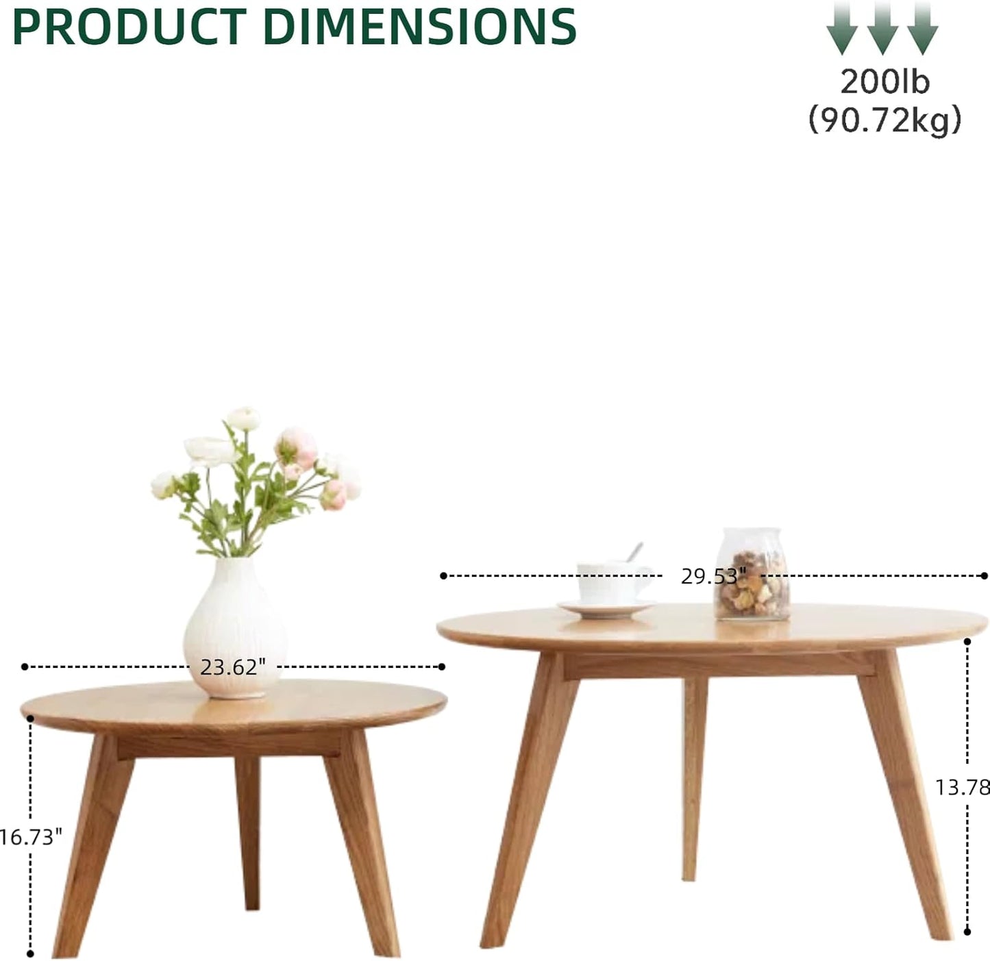 100% Solid Oak Wood Coffee Table Set, Round Coffee Table Combo Side Table w/Solid Wood Legs, Mid Century Table Sturdy Tables for Bedroom Balcony Living Room (Natural, Big-Medium Combo)